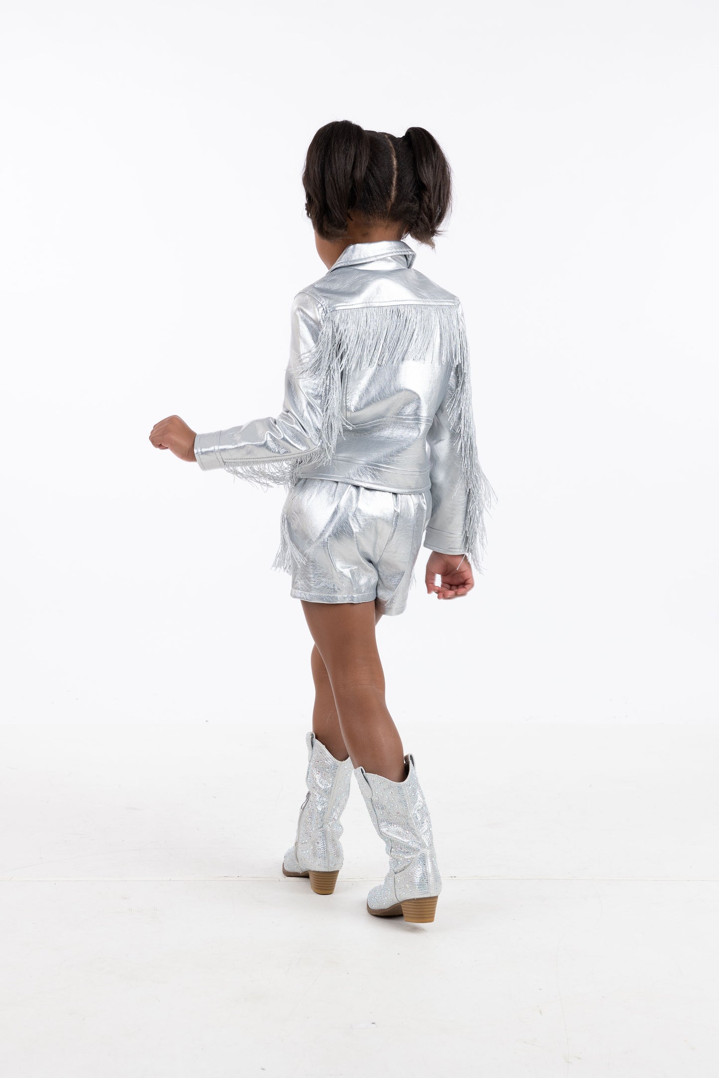 Hannah Banana Faux Leather Metallic Shorts w/ Fringe Detail