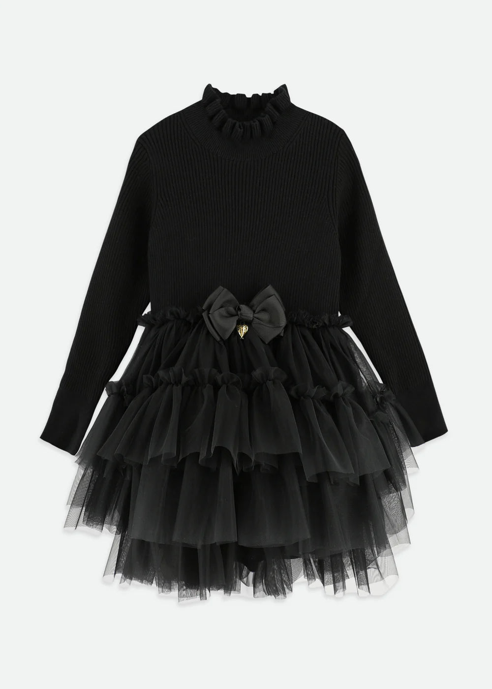 Elegant black ribbed jumper dress with layered soft tulle skirt and cotton lining. Features a frilled neck, signature bow, and gold heart charm on the waist.