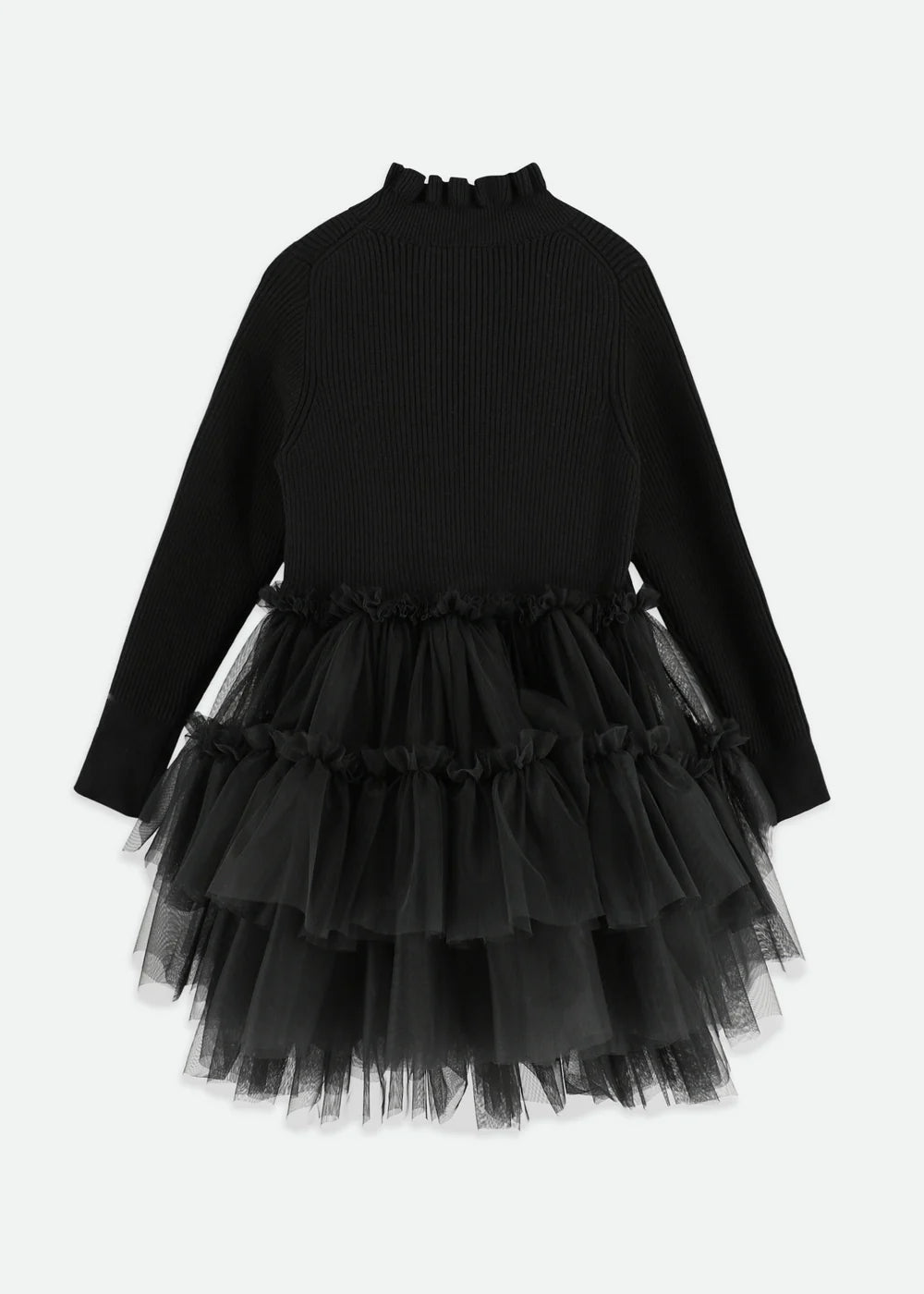 Elegant black ribbed jumper dress with layered soft tulle skirt and cotton lining. Features a frilled neck, signature bow, and gold heart charm on the waist.