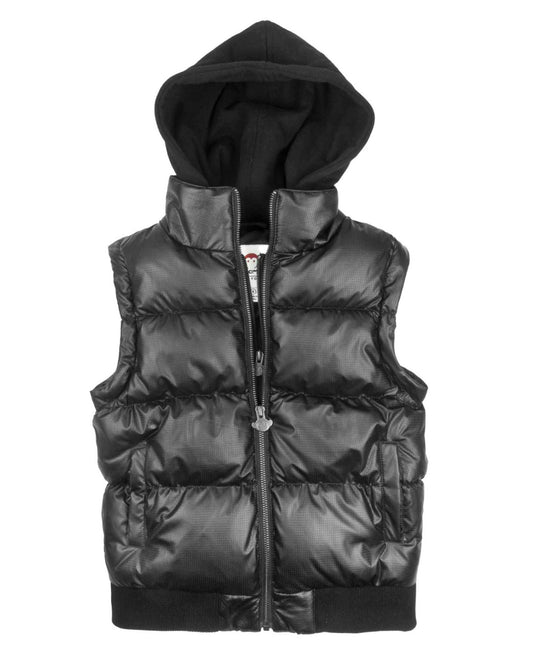 Young boy wearing the Turnstile Jacket in Black Steel, featuring a removable sleeve, front pockets, and a hood. Stylish and functional outerwear designed for playful adventures and changing weather.