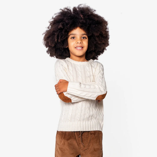 Appaman Winter White Fisherman Sweater for boys, featuring a classic cable knit design and distinguished brown elbow patches. A timeless, sophisticated piece perfect for dinners or special events.