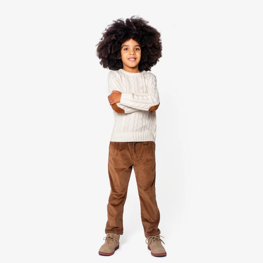 Appaman Club Pants in Brown for boys, featuring comfortable corduroy fabric with a stretchy waist and drawstring. Perfect for both formal occasions and casual outings, offering style and comfort.