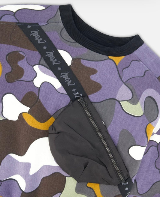 Printed Camo Fleece Sweatshirt with Attached Crossbody Bag in Gray, featuring an allover camo-inspired print. Made from soft cotton/poly fleece with a crew neckline, rib knit trim, and a quilted, zippered pouch with a logo strap for subtle brand distinction. Perfect for a cool, contemporary look.