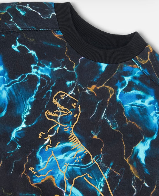 Printed Fleece Sweatshirt in Blue Storm with bold dinosaur graphic and allover print. Made from cozy cotton/poly fleece, featuring long sleeves, a crew neckline, and rib knit trim. A vibrant and comfy pullover that's sure to become a favorite!