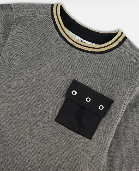 Super Soft Brushed Flat Back Rib Sweatshirt in Dark Gray, perfect for chilly days. Made with an ultra-soft interior and ribbed exterior, featuring long sleeves, a crew neckline, striped rib knit trim, and a solid flap pocket on the chest for a cool contrast