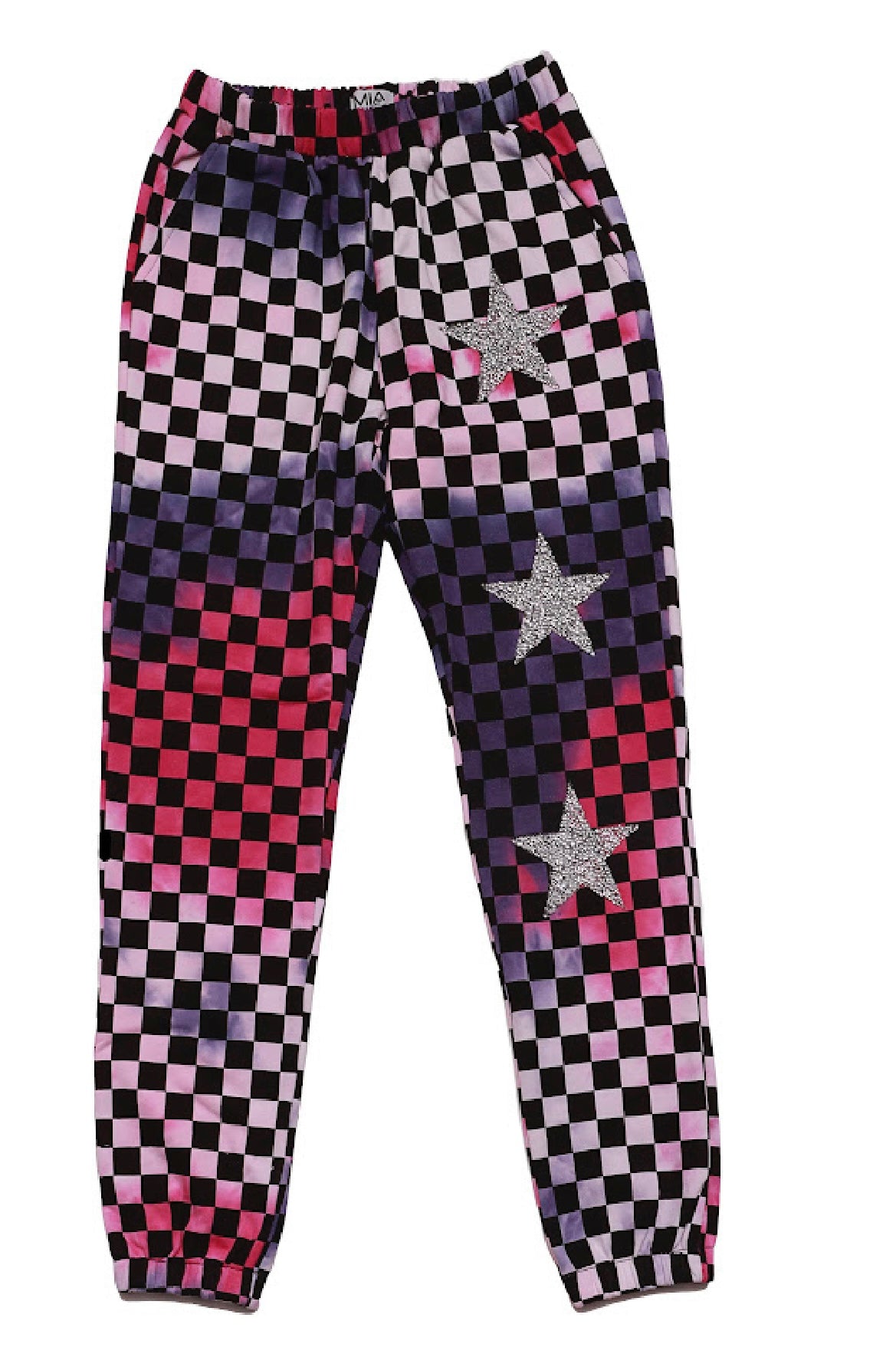 Trendy girls' checker joggers with a bold pink and purple tie-dye pattern, featuring a stylish checkerboard print and silver stars for added sparkle. Made from soft, stretchy fabric for comfort and versatility, with an elastic waistband for a secure fit. Perfect for casual wear or active days