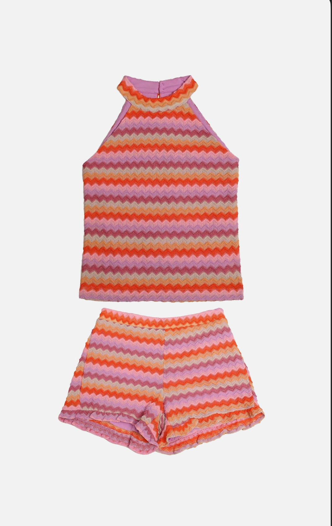Vibrant two-piece halter short set in purple and orange, featuring a chic halter neckline, relaxed fit shorts, and elastic waistband for comfort and style.