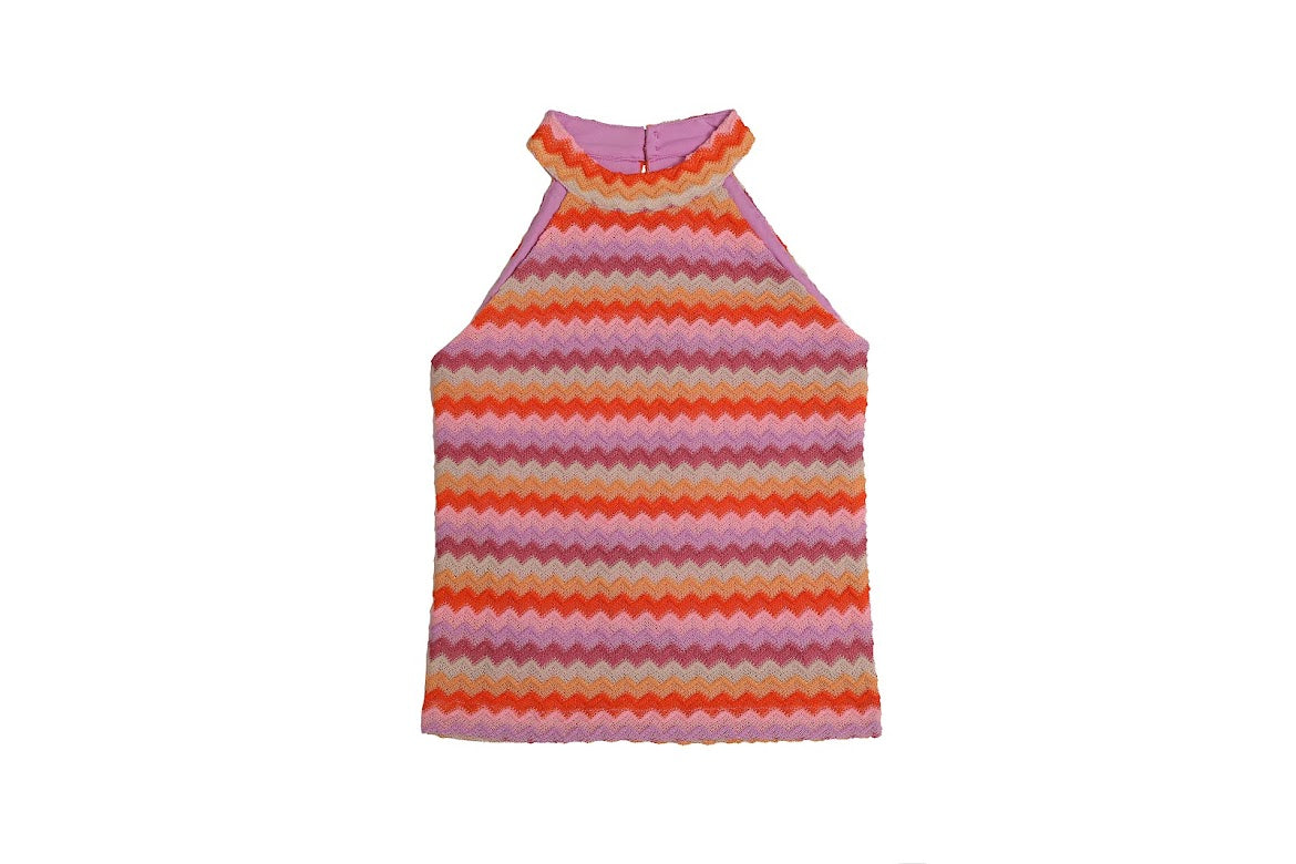 Vibrant two-piece halter short set in purple and orange, featuring a chic halter neckline, relaxed fit shorts, and elastic waistband for comfort and style.