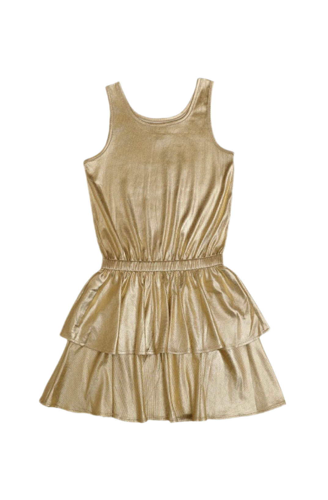 Girls metallic gold two-tier dress with a shimmering fabric, fitted sleeveless bodice, perfect for special occasions like parties and weddings.