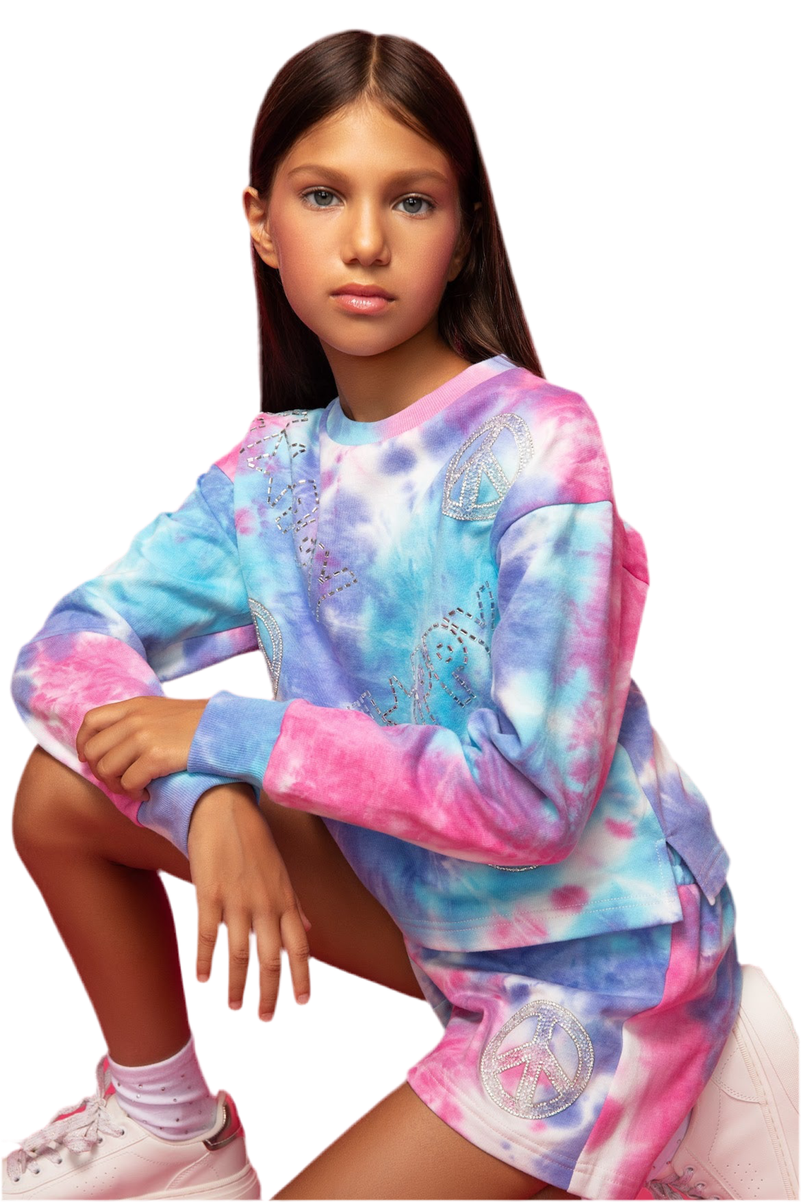 Pink and purple tie-dye lightweight sweatshirt with bling star embellishments and 'HAPPY' across the front, perfect for casual outings and spreading positive vibes.