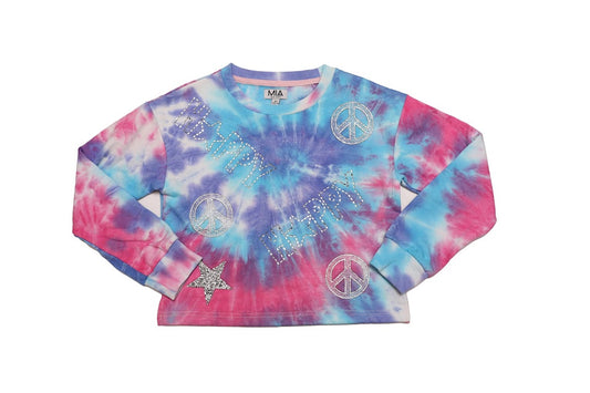 Pink and purple tie-dye lightweight sweatshirt with bling star embellishments and 'HAPPY' across the front, perfect for casual outings and spreading positive vibes.