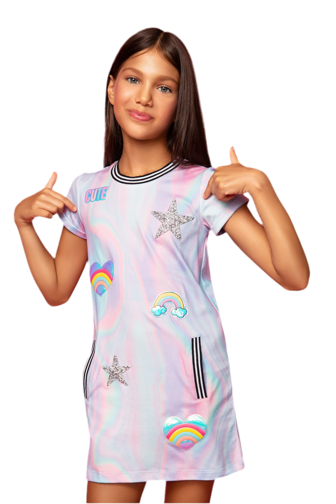 Colorful little girl's dress with star, rainbow, and heart patches, pastel-toned fabric, and black and white trim, perfect for casual or special occasions.