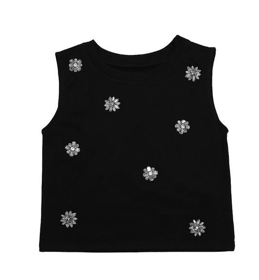 Girls black jeweled tank top with rhinestone accents, soft stretchy fabric, and wide straps, perfect for casual or semi-formal occasions.