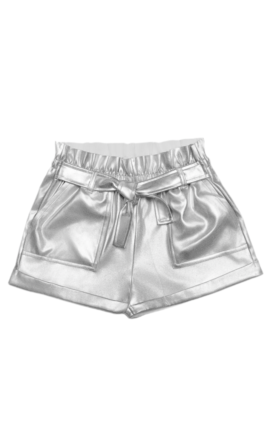 Girls silver paper bag shorts with a metallic sheen, high gathered waist, fabric belt, and side pockets, perfect for casual or dressy occasions.