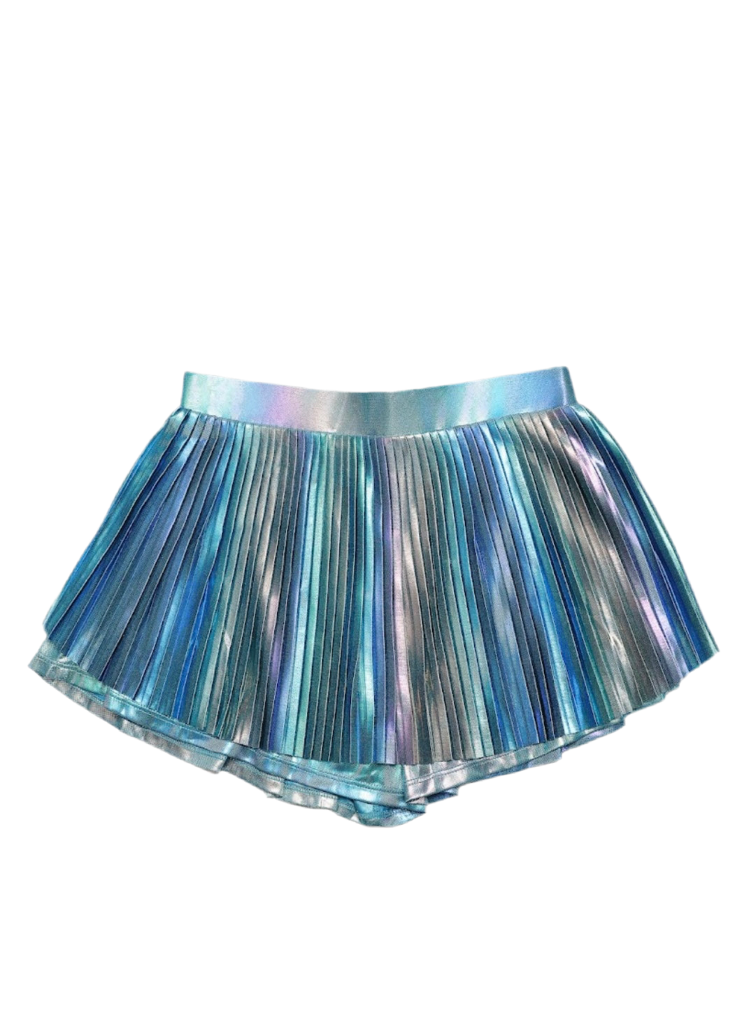 Girls pleated iridescent skort with shimmering fabric, featuring a classic silhouette, elastic waistband, and built-in shorts for comfort and style.
