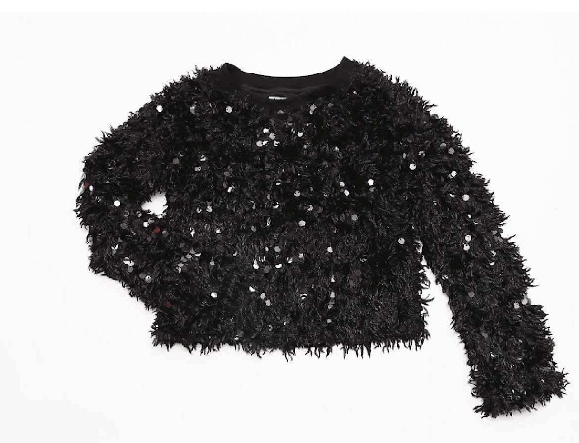 Sparkly sequin and faux fur Mia New York sweatshirt, perfect for back-to-school. A fabulous blend of sparkle and texture, ideal for pairing with metallic leggings or cargo pants for a trendy, attitude-filled look