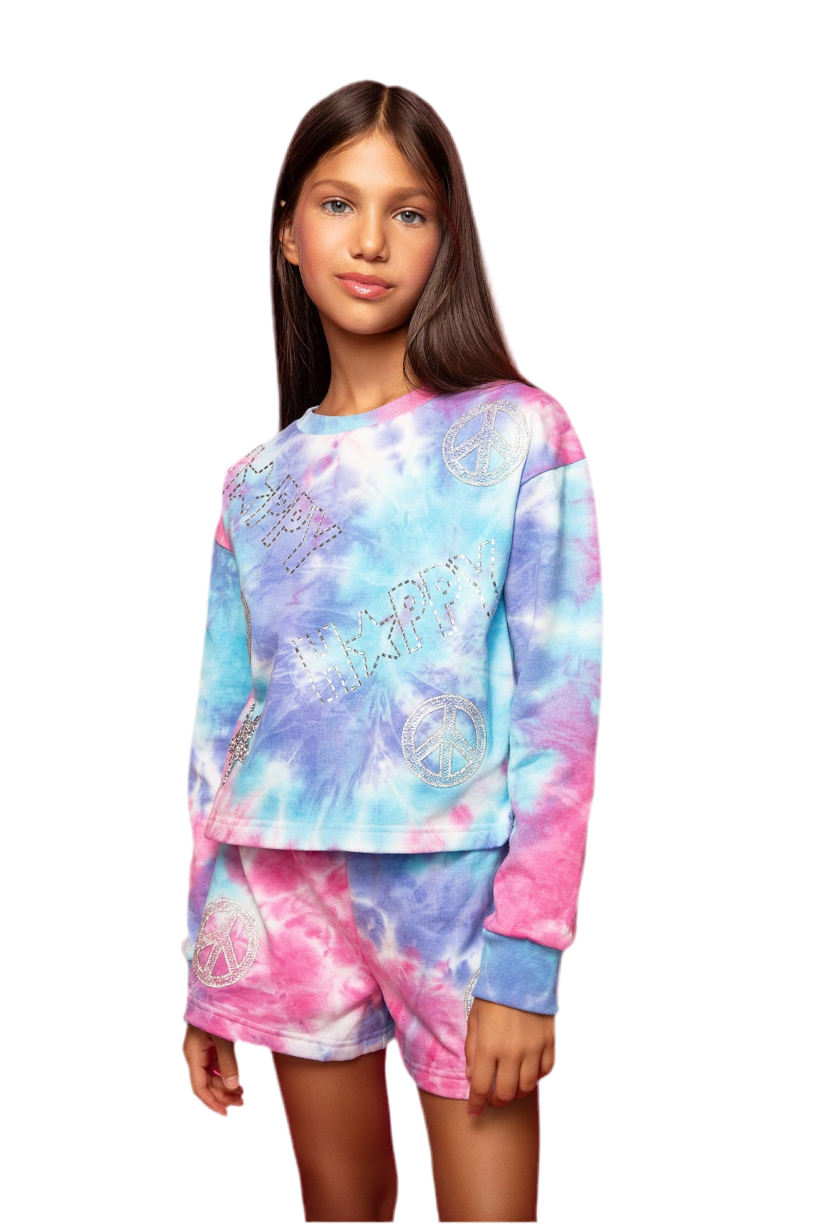 Pink and purple tie-dye shorts with bling embellishments, soft breathable fabric, perfect for casual outings and summer adventures.