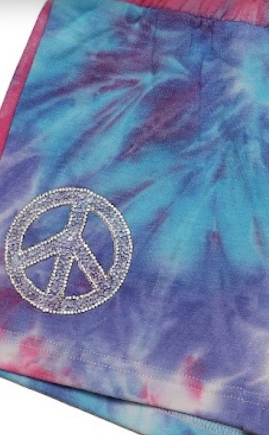 Pink and purple tie-dye shorts with bling embellishments, soft breathable fabric, perfect for casual outings and summer adventures.