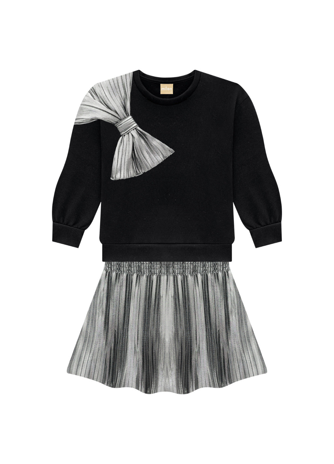 Charming girls' black top with a delicate silver bow on the right shoulder, paired with a pleated silver skort. A stylish and sophisticated outfit with playful, shimmering silver accents, perfect for special occasions or casual outings.