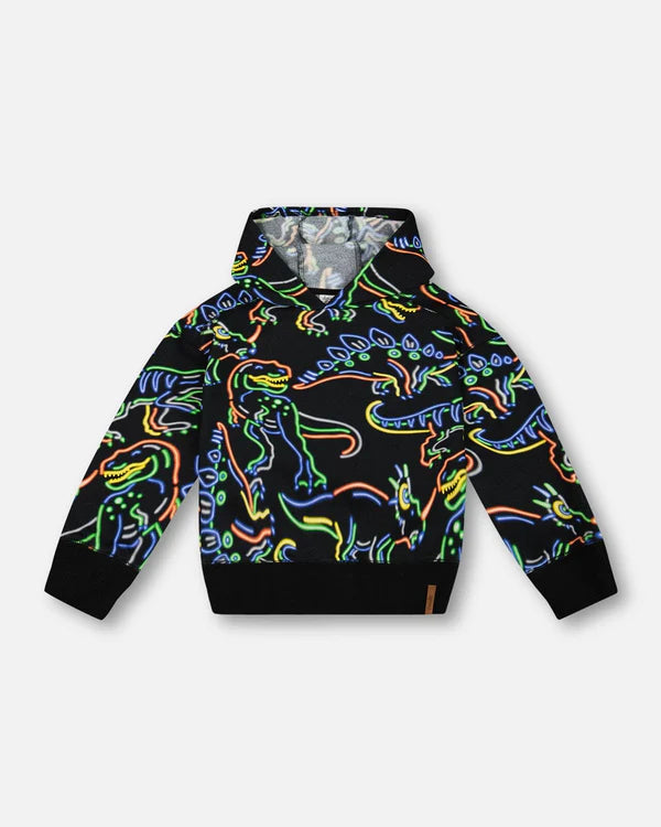 Printed Neon Dino Fleece Hooded Sweatshirt in Black, featuring a bright allover dinosaur print. Made from soft cotton/poly fleece, with a comfy silhouette, rib knit cuffs, and hem. Perfect for creating cool, casual looks with jeans or fleece bottoms
