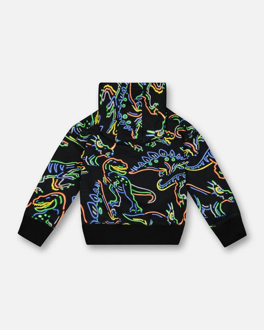Printed Neon Dino Fleece Hooded Sweatshirt in Black, featuring a bright allover dinosaur print. Made from soft cotton/poly fleece, with a comfy silhouette, rib knit cuffs, and hem. Perfect for creating cool, casual looks with jeans or fleece bottoms
