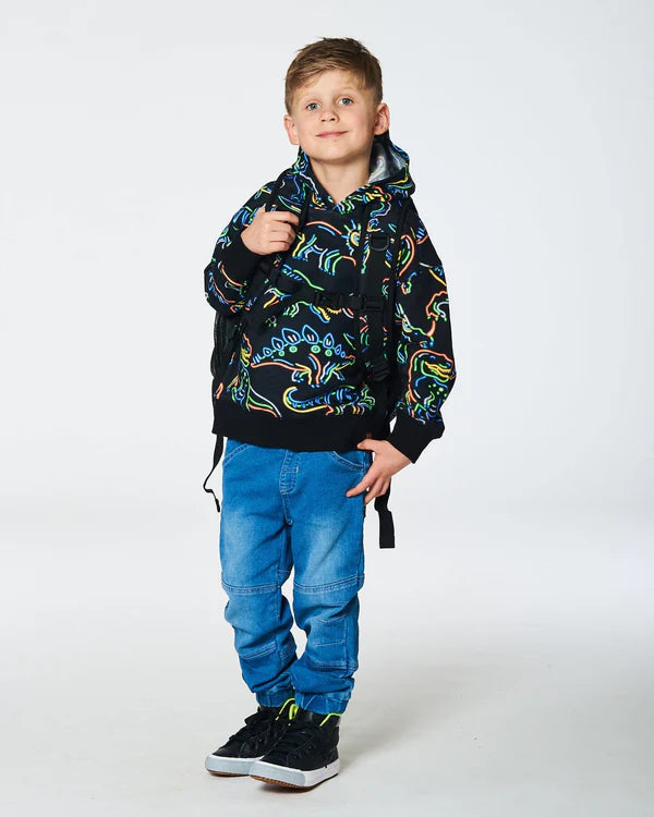 Printed Neon Dino Fleece Hooded Sweatshirt in Black, featuring a bright allover dinosaur print. Made from soft cotton/poly fleece, with a comfy silhouette, rib knit cuffs, and hem. Perfect for creating cool, casual looks with jeans or fleece bottoms