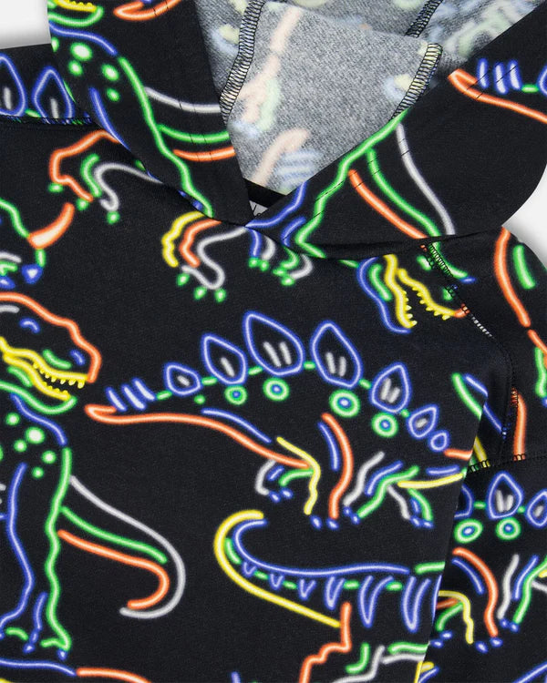 Printed Neon Dino Fleece Hooded Sweatshirt in Black, featuring a bright allover dinosaur print. Made from soft cotton/poly fleece, with a comfy silhouette, rib knit cuffs, and hem. Perfect for creating cool, casual looks with jeans or fleece bottoms