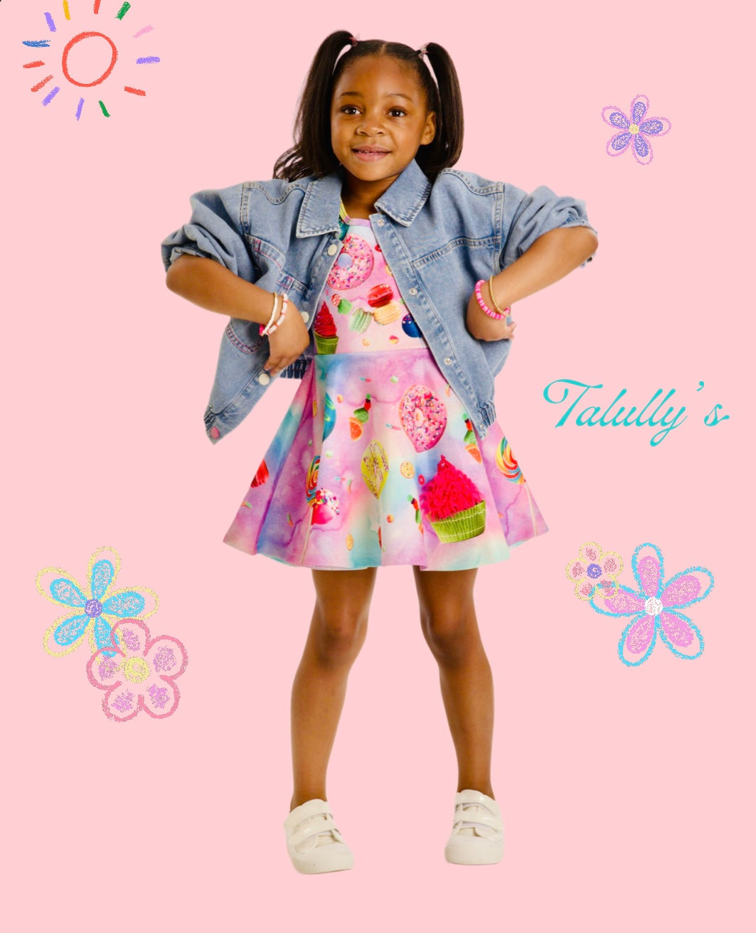Donut and Cupcake Fit and Flare Printed Dress with a playful dessert-themed print featuring colorful donuts and cupcakes. Twirl-worthy skirt with delicate rhinestones for added sparkle, perfect for themed parties or casual outings.