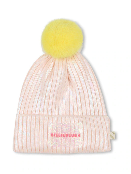 Billieblush Pink Iridescent Sparkle Logo Knitted Pom Hat