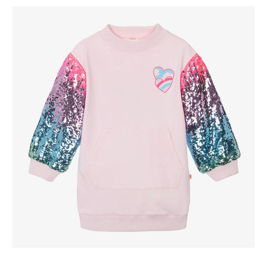 Girls Pink Sequin Cotton Sweatshirt Dress