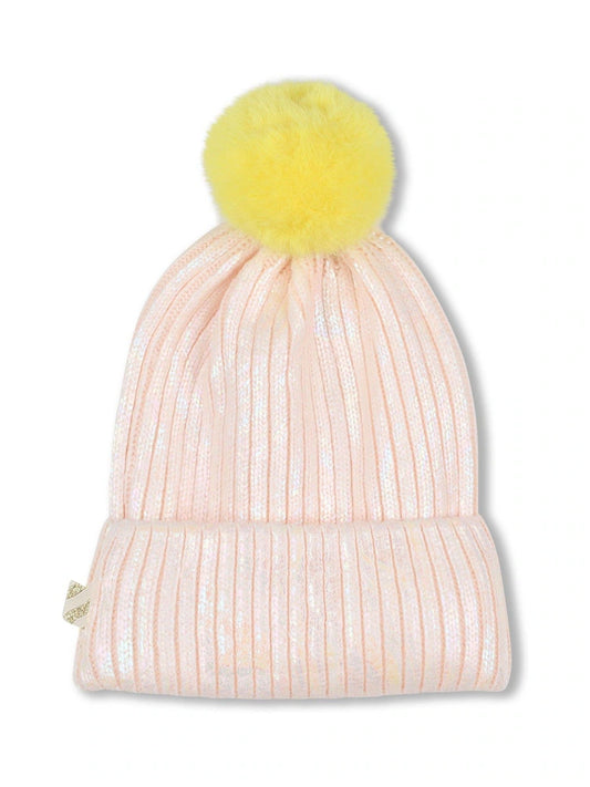 Billieblush Pink Iridescent Sparkle Logo Knitted Pom Hat