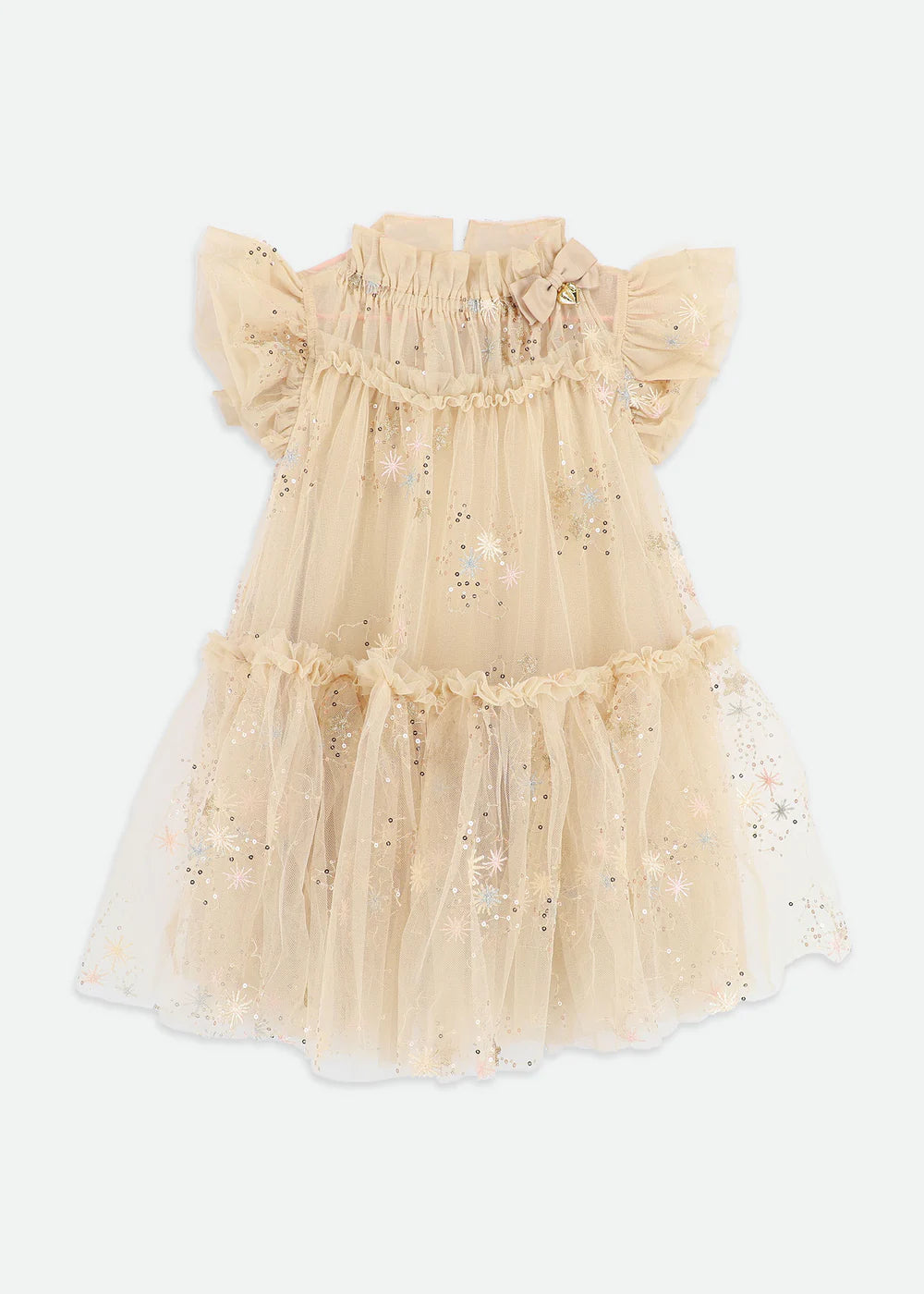 Girls' gorgeous gold glitter star dress with voluminous soft tulle, fully lined in cotton. Features signature bow, gold heart charm on the neckline, and a gold logo button fastening at the back.