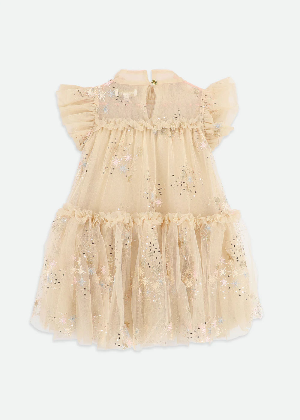Girls' gorgeous gold glitter star dress with voluminous soft tulle, fully lined in cotton. Features signature bow, gold heart charm on the neckline, and a gold logo button fastening at the back.