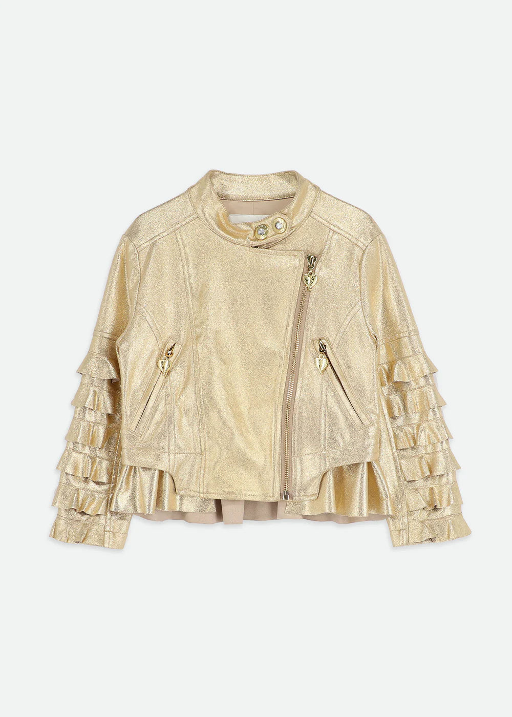 Girls gold metallic faux suede biker jacket with frilly sleeves and peplum hem, featuring a gold front zip and side pockets, fully lined in satin