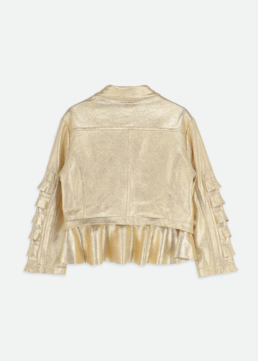 Girls gold metallic faux suede biker jacket with frilly sleeves and peplum hem, featuring a gold front zip and side pockets, fully lined in satin