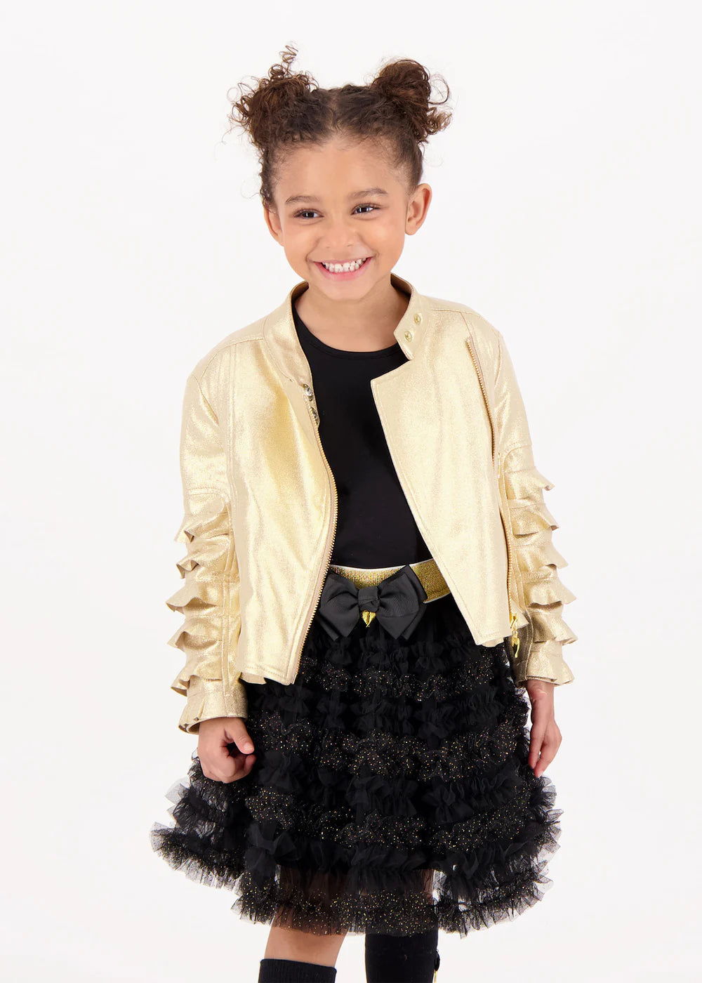 Girls gold metallic faux suede biker jacket with frilly sleeves and peplum hem, featuring a gold front zip and side pockets, fully lined in satin