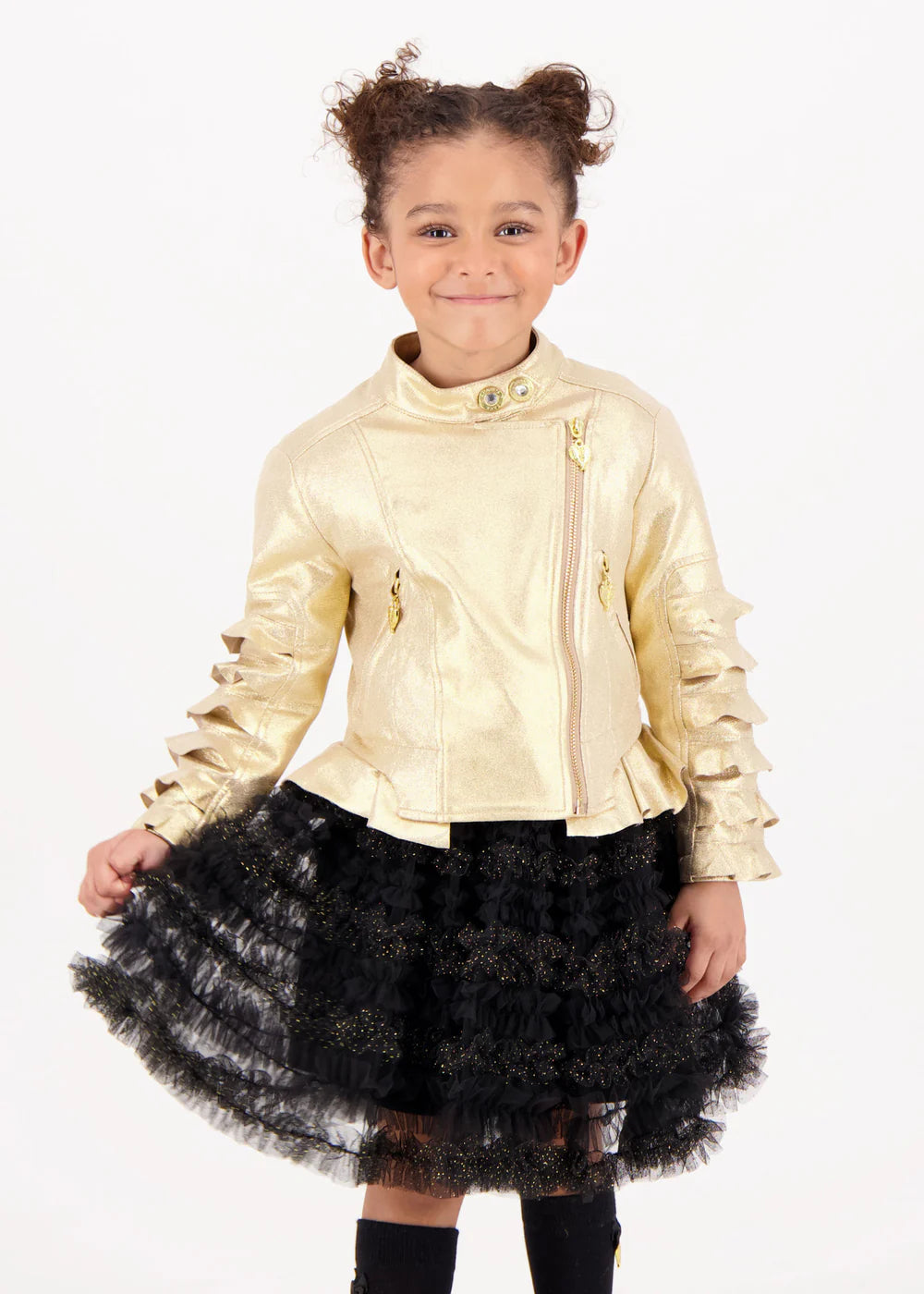Girls gold metallic faux suede biker jacket with frilly sleeves and peplum hem, featuring a gold front zip and side pockets, fully lined in satin