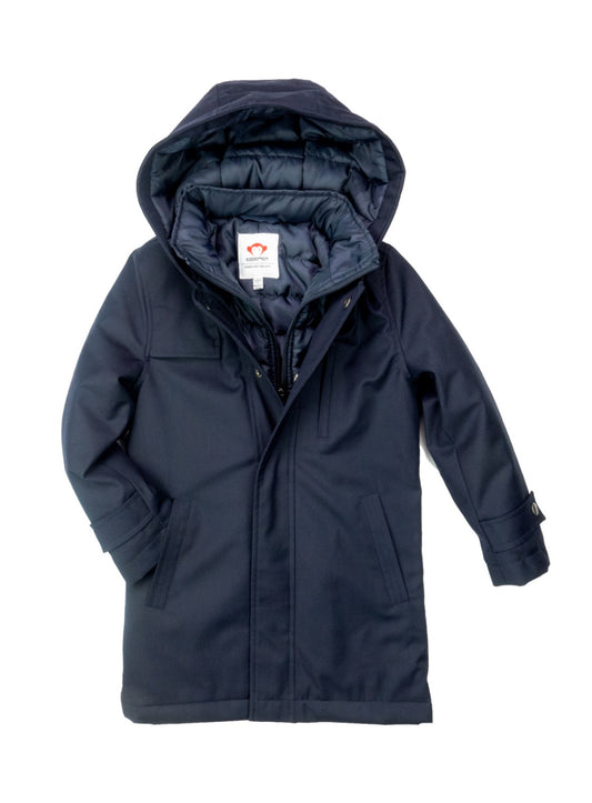 New Gotham Coat in navy blue, expertly tailored for the dressiest occasions. Crafted with the finest fabrics, this dashing coat is perfect for holidays, events, or a special tea party. Your little one will look sharp and stylish, ready to impress at any occasion!