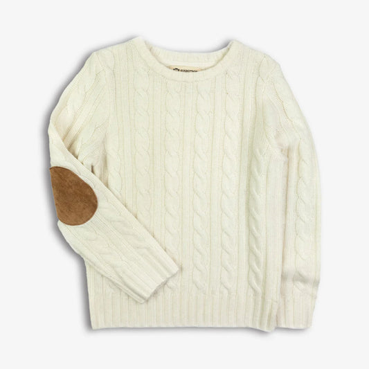 Appaman Winter White Fisherman Sweater for boys, featuring a classic cable knit design and distinguished brown elbow patches. A timeless, sophisticated piece perfect for dinners or special events.