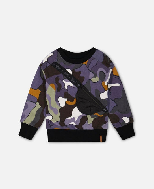 Printed Camo Fleece Sweatshirt with Attached Crossbody Bag in Gray, featuring an allover camo-inspired print. Made from soft cotton/poly fleece with a crew neckline, rib knit trim, and a quilted, zippered pouch with a logo strap for subtle brand distinction. Perfect for a cool, contemporary look.