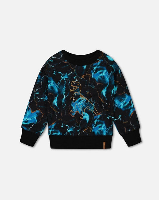 Printed Fleece Sweatshirt in Blue Storm with bold dinosaur graphic and allover print. Made from cozy cotton/poly fleece, featuring long sleeves, a crew neckline, and rib knit trim. A vibrant and comfy pullover that's sure to become a favorite!