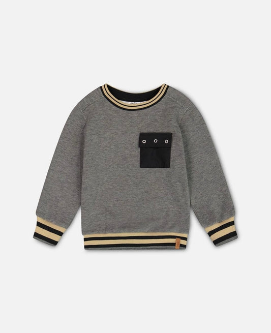 Super Soft Brushed Flat Back Rib Sweatshirt in Dark Gray, perfect for chilly days. Made with an ultra-soft interior and ribbed exterior, featuring long sleeves, a crew neckline, striped rib knit trim, and a solid flap pocket on the chest for a cool contrast