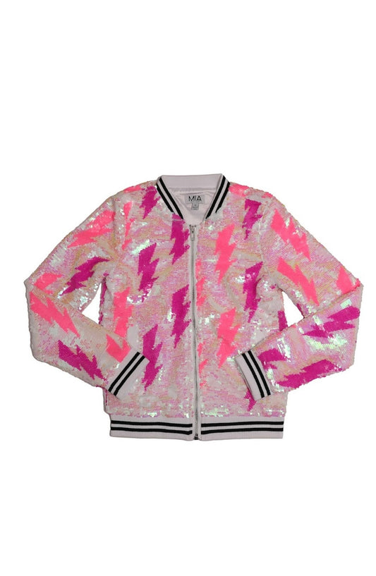 Girls lightning bolt sequin jacket with pink lightning bolt designs, black and white striped trim, and zip-up front, adding sparkle and edge to any outfit.