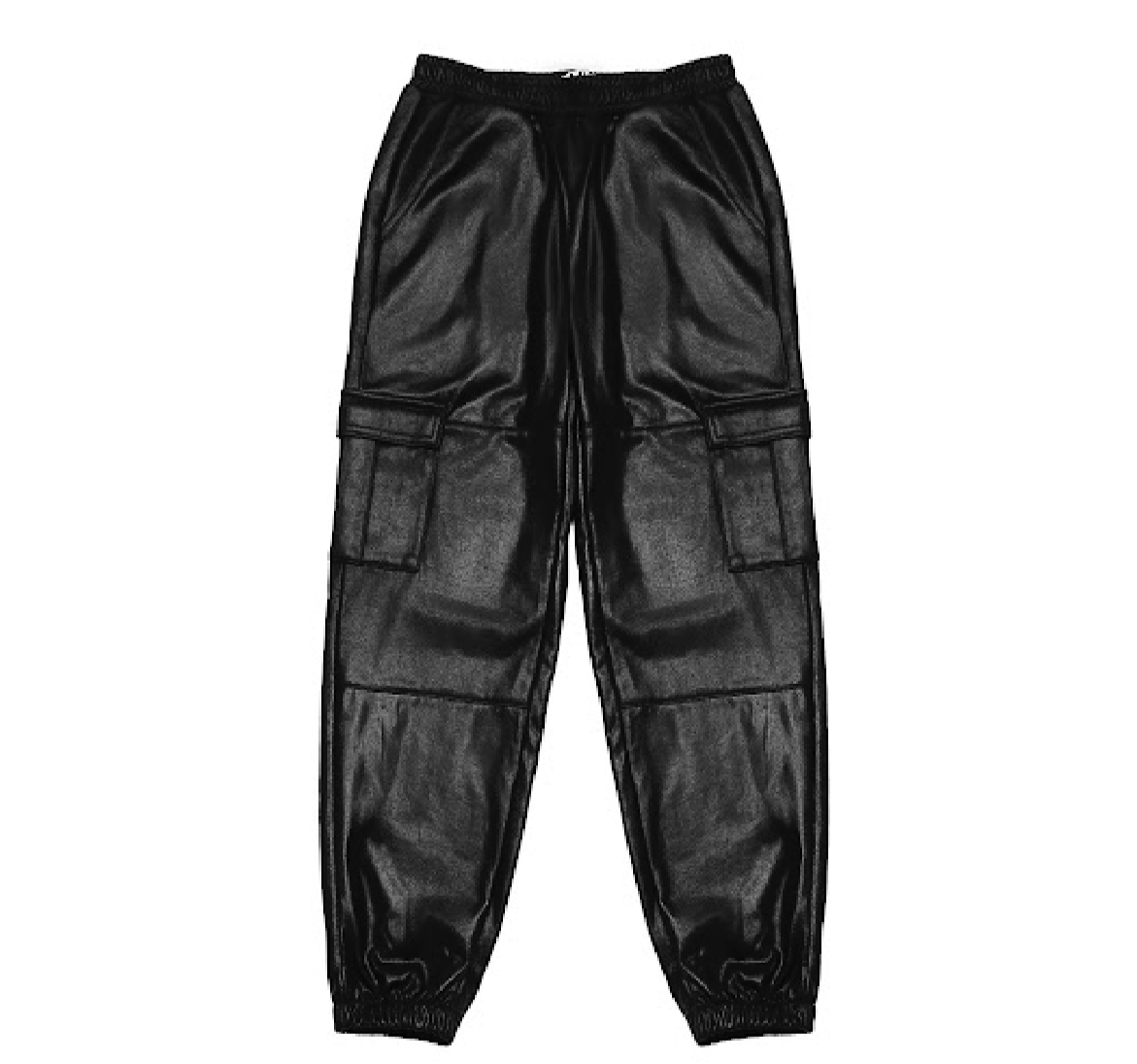 Metallic-coated French-terry cargo sweatpants for kids with multiple pockets, including front slant and side cargo flap-patch pockets, elastic waist, and cuffs.