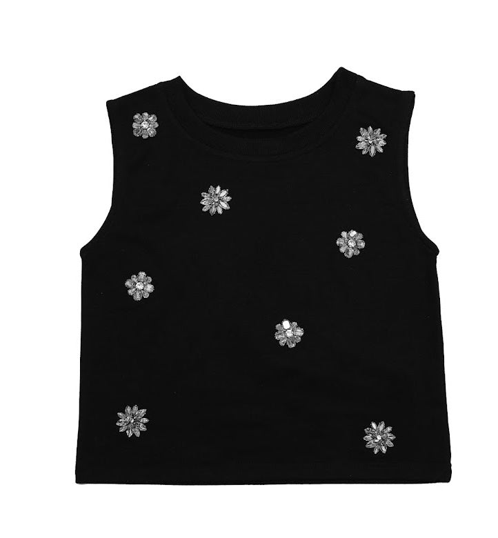 Girls black jeweled tank top with rhinestone accents, soft stretchy fabric, and wide straps, perfect for casual or semi-formal occasions.