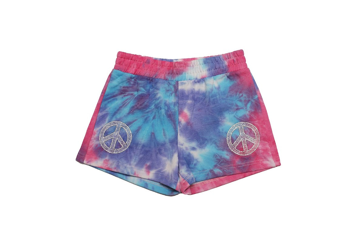 Pink and purple tie-dye shorts with bling embellishments, soft breathable fabric, perfect for casual outings and summer adventures.