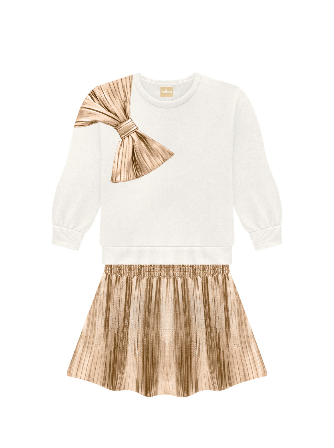 Charming girls' cream top with a delicate gold bow on the right shoulder, paired with a pleated gold skort. A stylish and sophisticated outfit with a playful, elegant vibe, perfect for special occasions or casual outings.