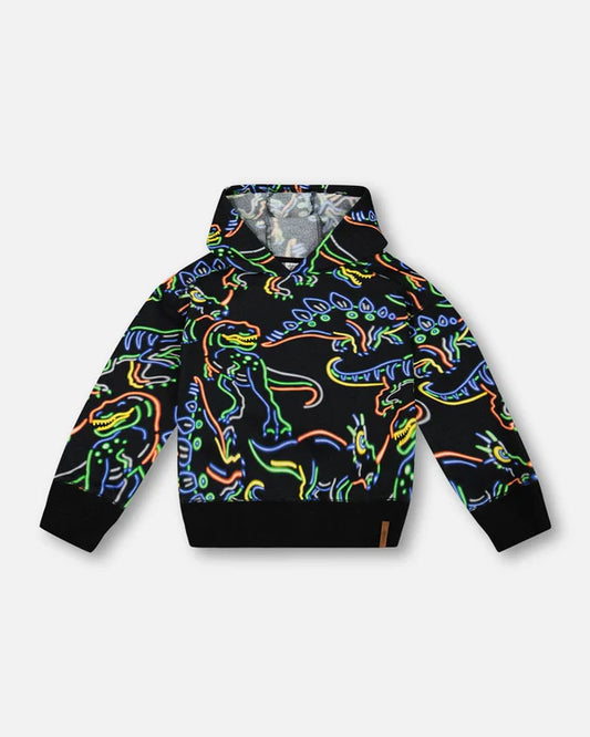 Printed Neon Dino Fleece Hooded Sweatshirt in Black, featuring a bright allover dinosaur print. Made from soft cotton/poly fleece, with a comfy silhouette, rib knit cuffs, and hem. Perfect for creating cool, casual looks with jeans or fleece bottoms