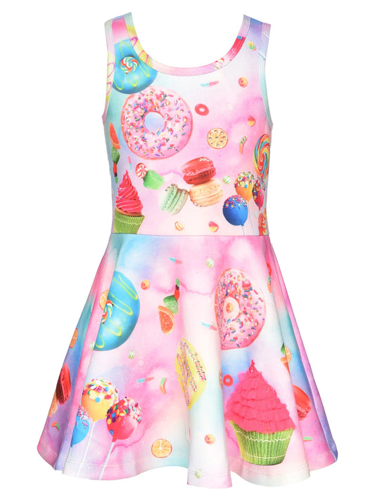 Donut and Cupcake Fit and Flare Printed Dress with a playful dessert-themed print featuring colorful donuts and cupcakes. Twirl-worthy skirt with delicate rhinestones for added sparkle, perfect for themed parties or casual outings.