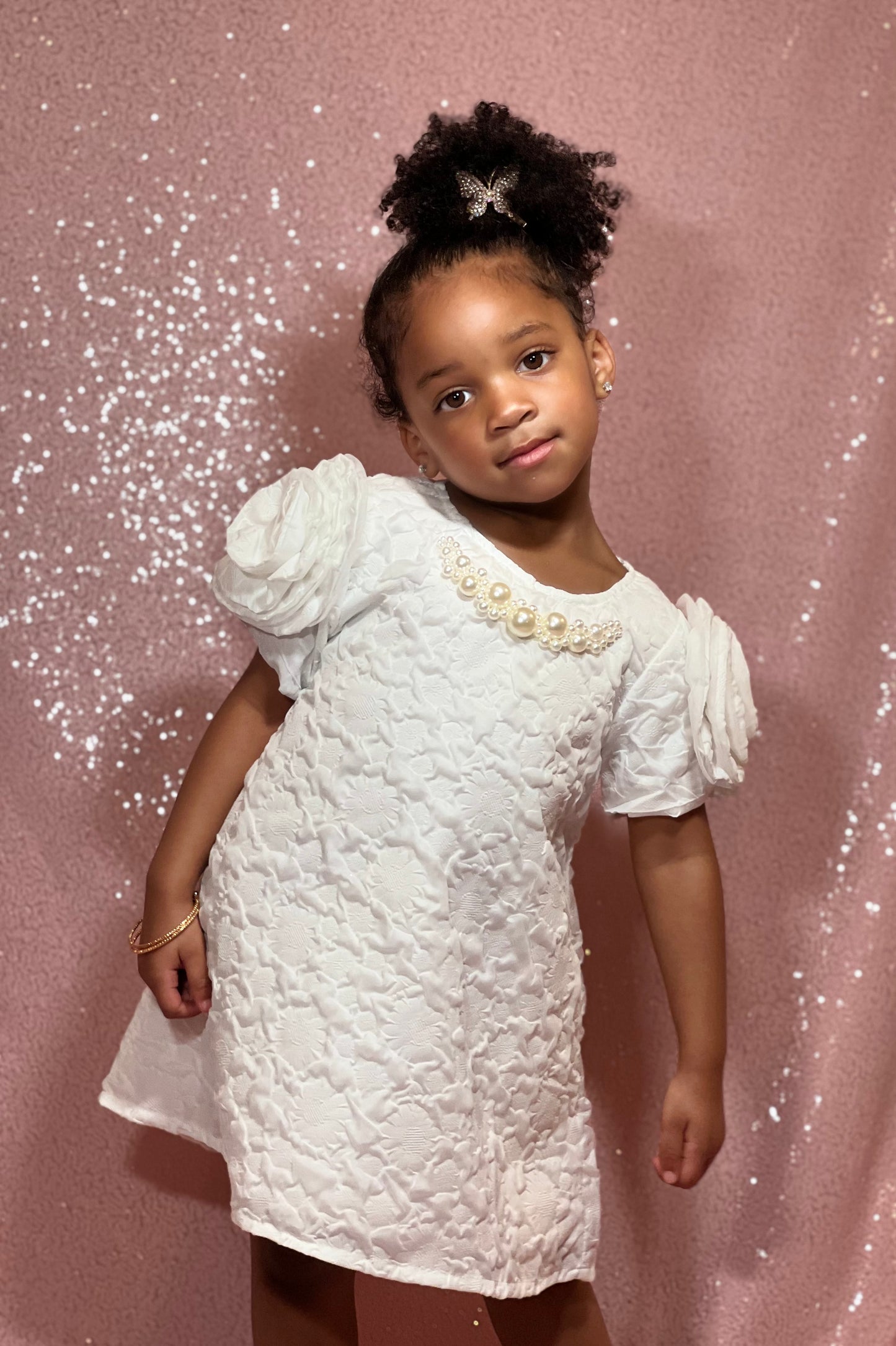 White 3D Floral Brocade Dress